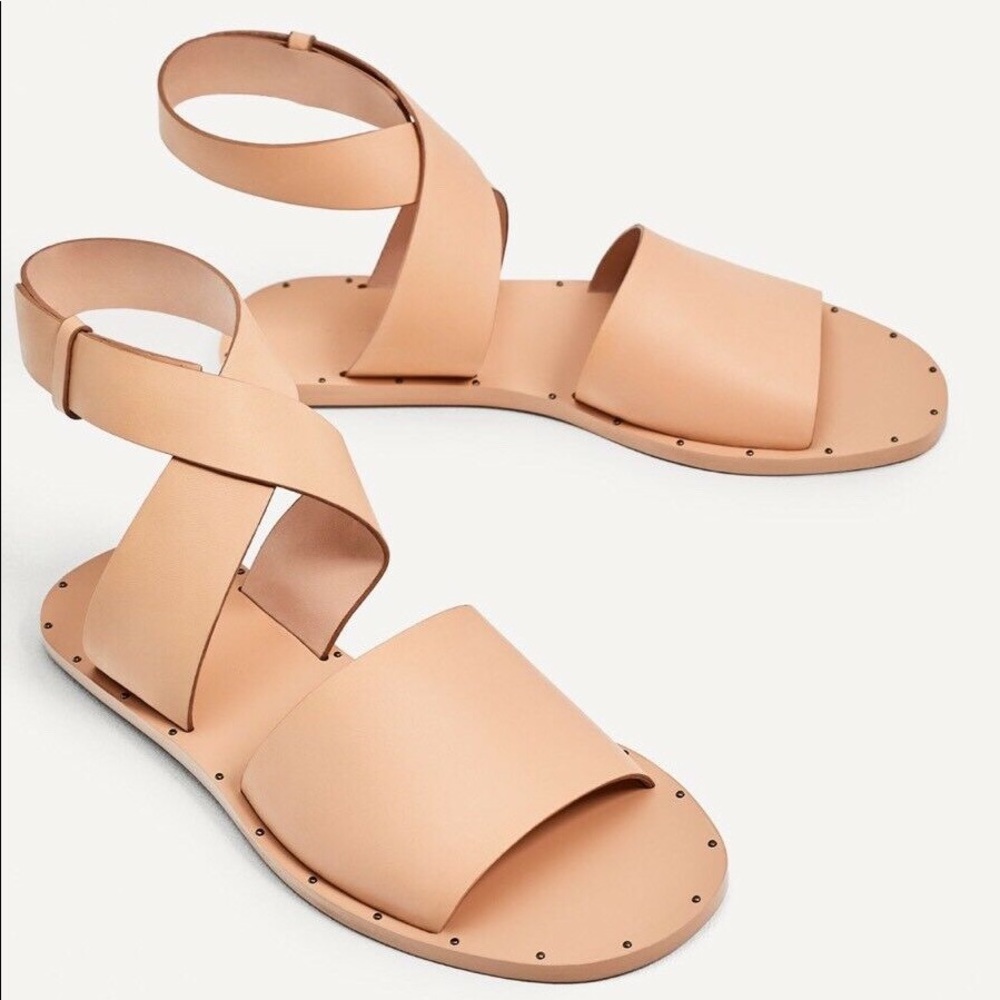 ZARA Nude Vachetta Flat Leather Sandals sz 40 (9) 1667/201